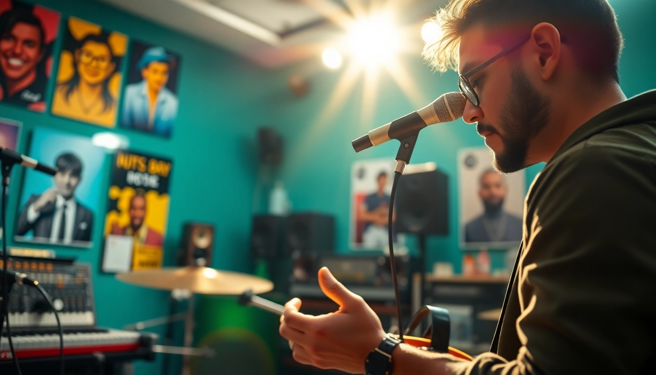 Capture the flow of creativity as a musician performs in a colorful studio setting.