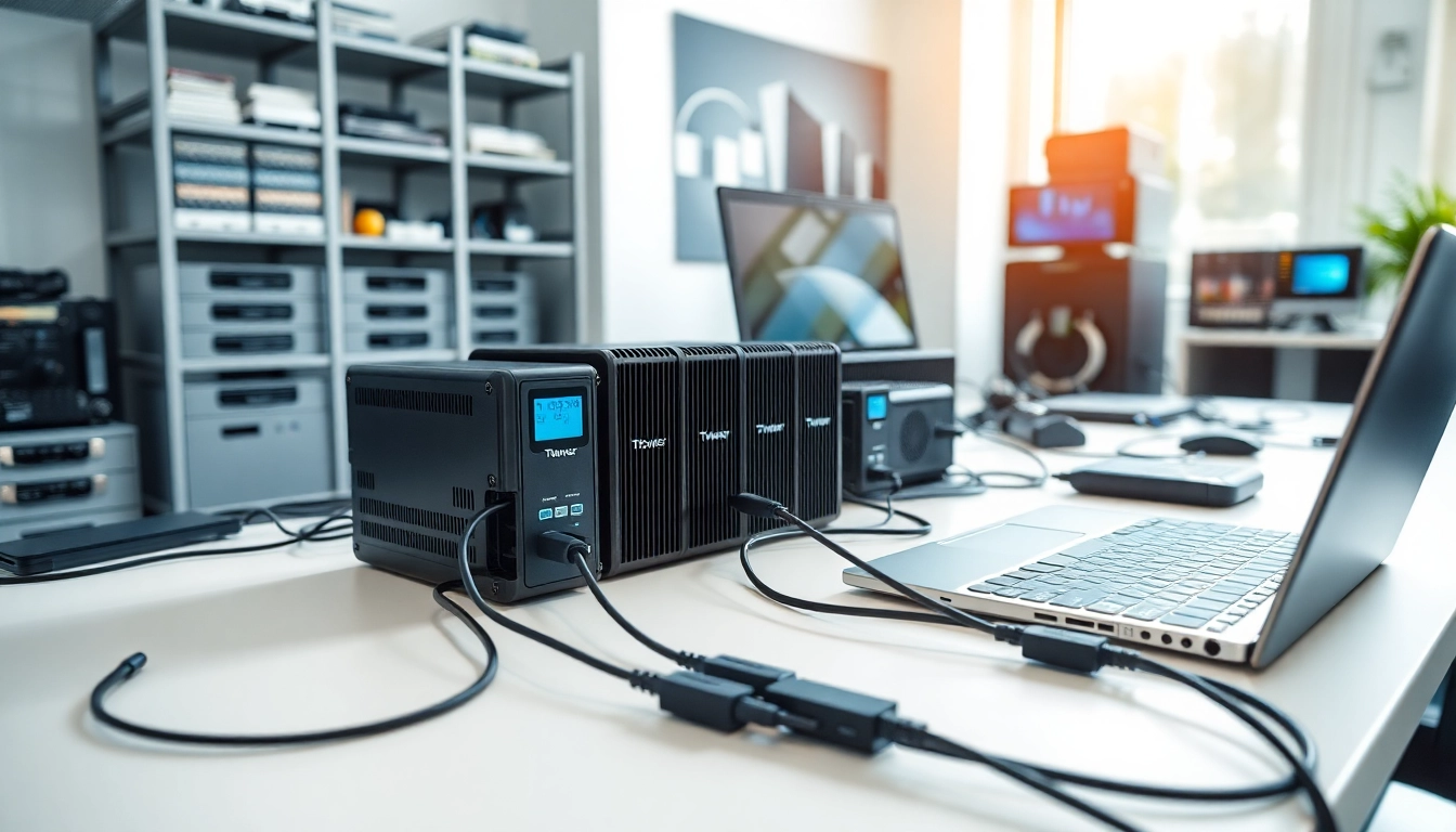 Showcasing TPower devices in a modern tech workspace with sleek electronic gadgets.