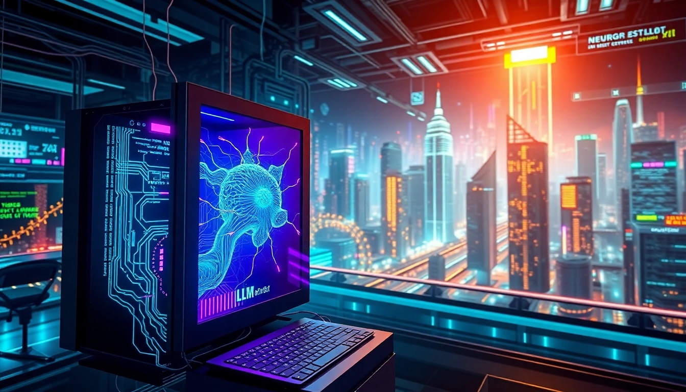 Generate an uncensored LLM illustration with vibrant neural networks and digital cityscape.
