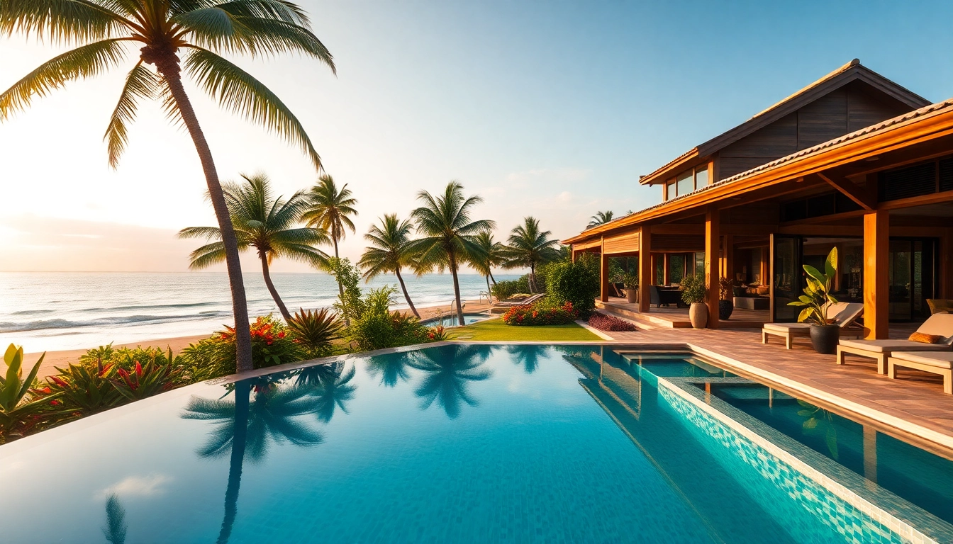 Experience stunning villa rentals on a tropical beach with an infinity pool and vibrant gardens.