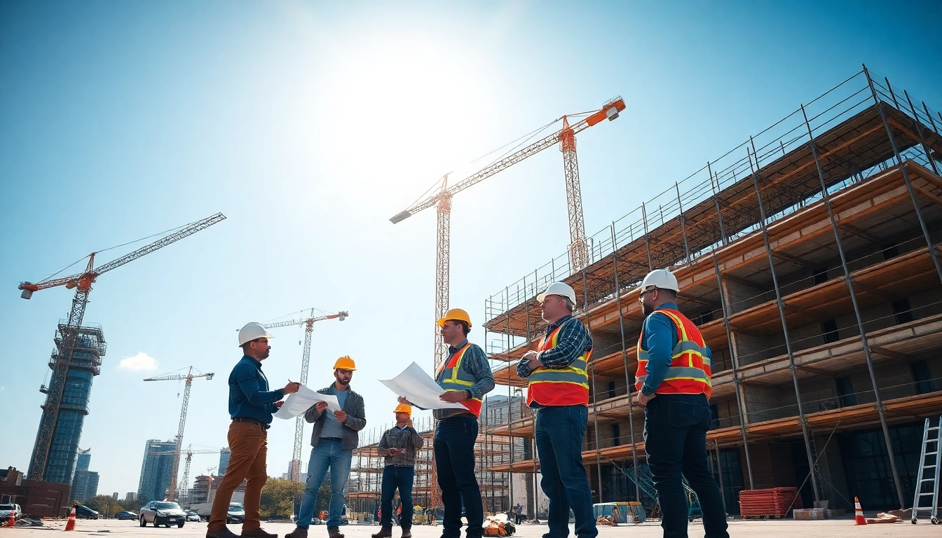 Dynamic scene of Austin construction workers collaborating on a high-rise project.
