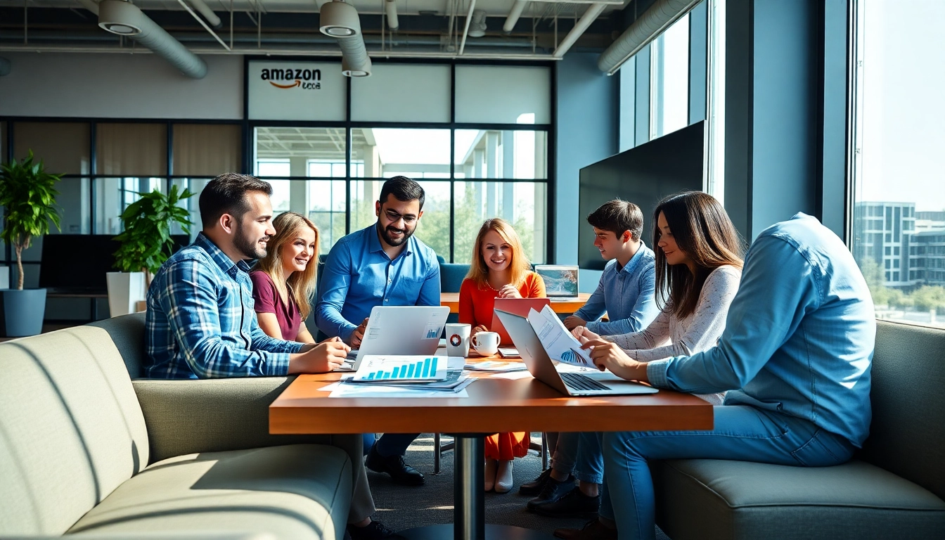 Team working as an Amazon growth partner in a bright office environment, showcasing collaboration and strategy.
