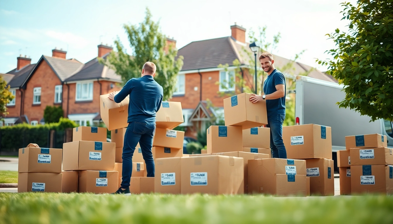 Professional removal company East London assists in packing and moving boxes in a suburban neighborhood.