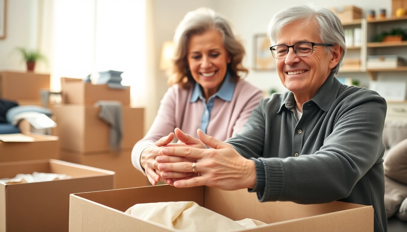 Seniorenumzug Berlin: Help elderly couple packing their belongings in a warm, inviting home.
