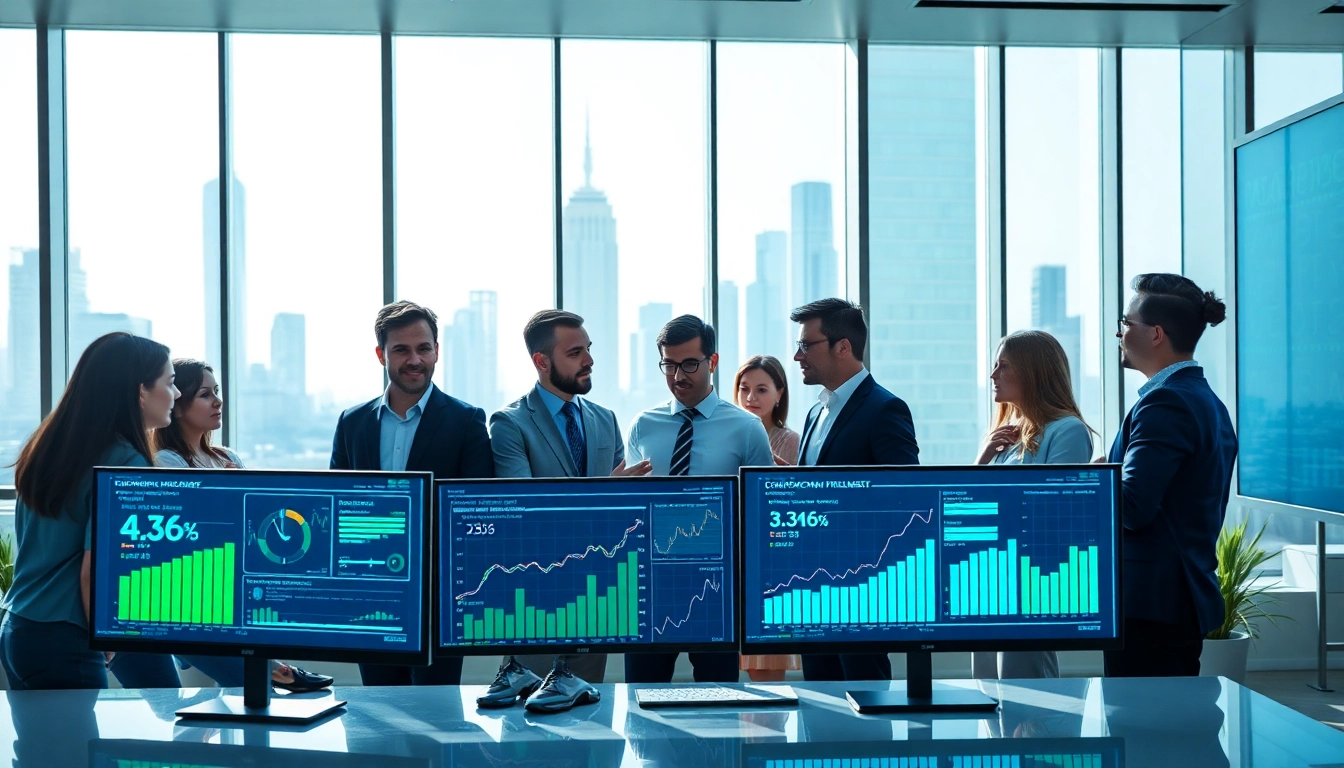 Visualizing competitive intelligence data analysis with a diverse team in a modern office.