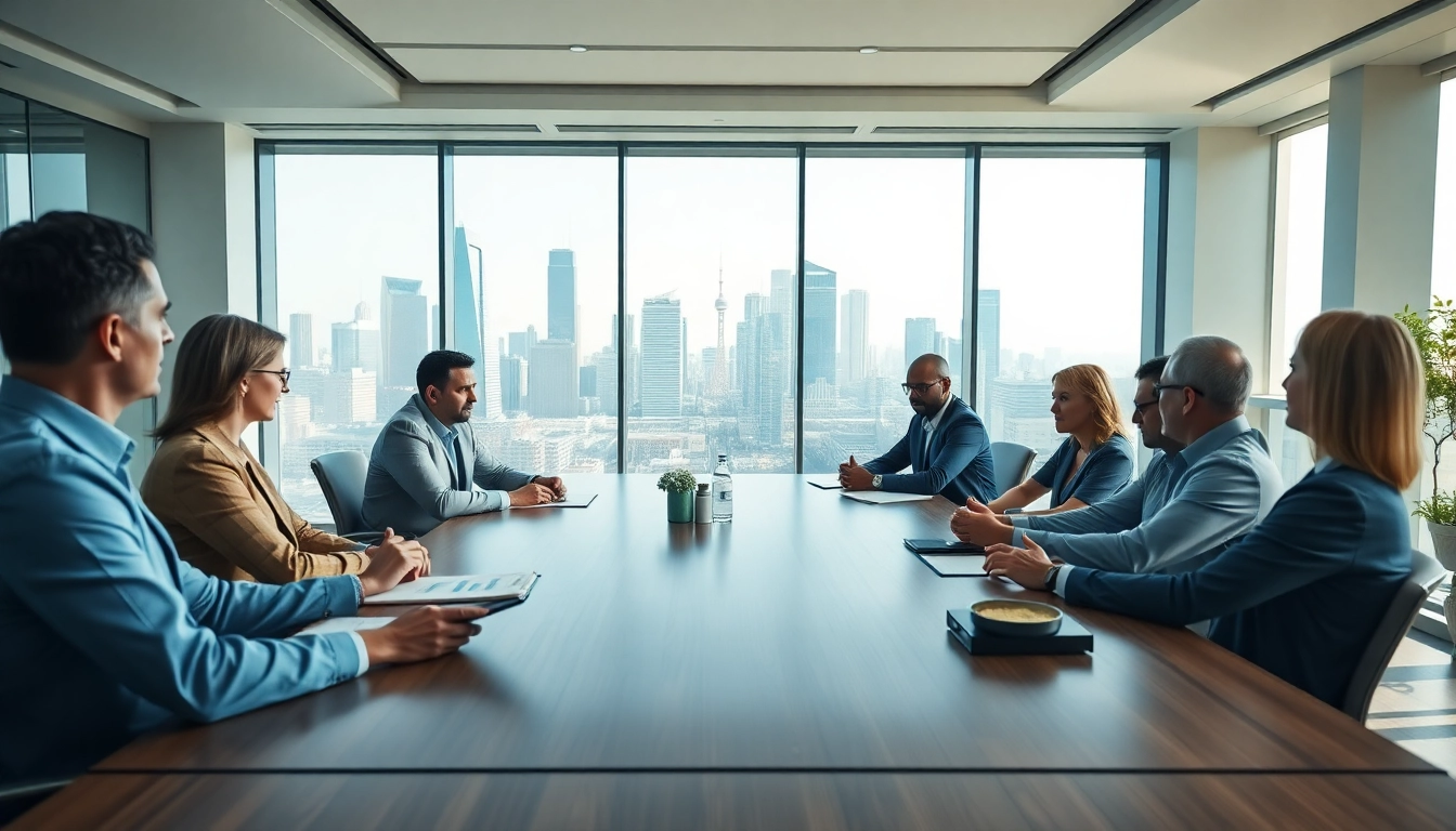 Discussing trade tariffs during a professional meeting with a view of the city skyline.