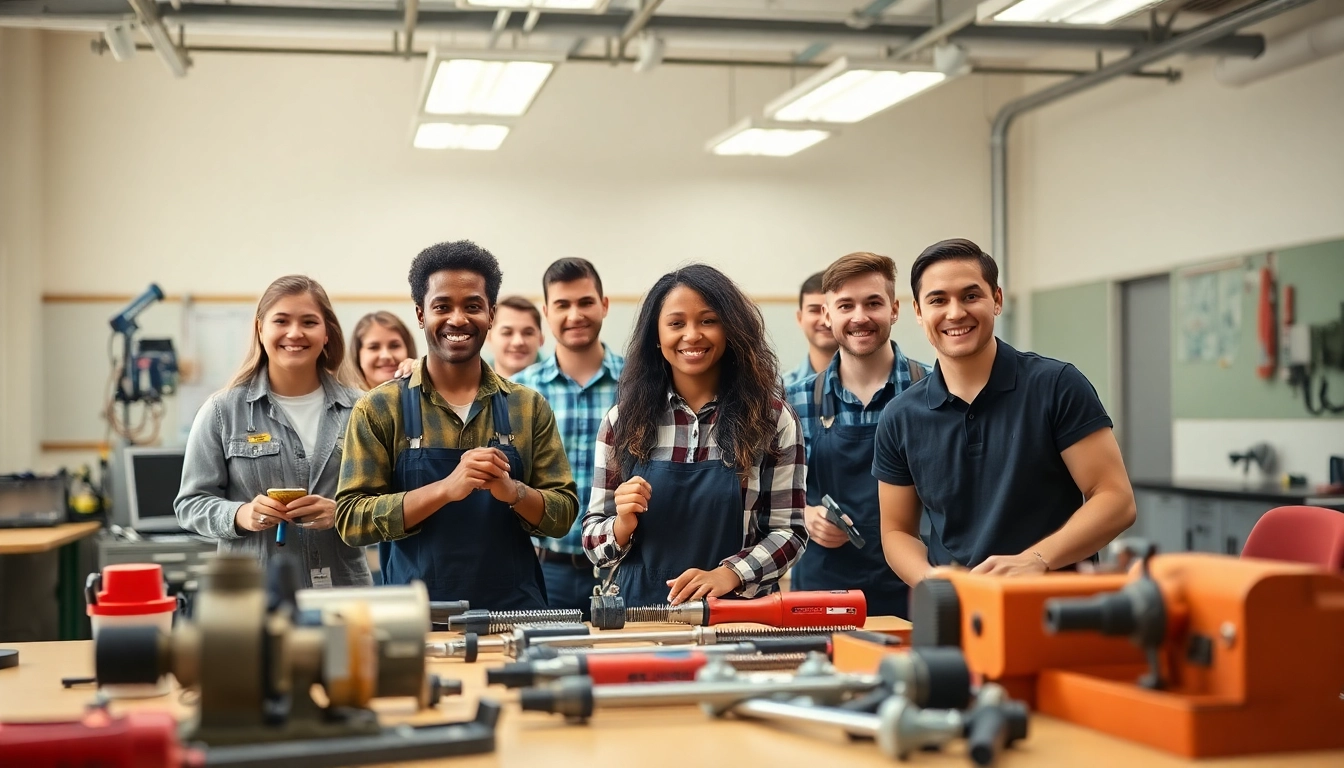 Trade school Knoxville TN students participating in hands-on training in a vibrant classroom setting.