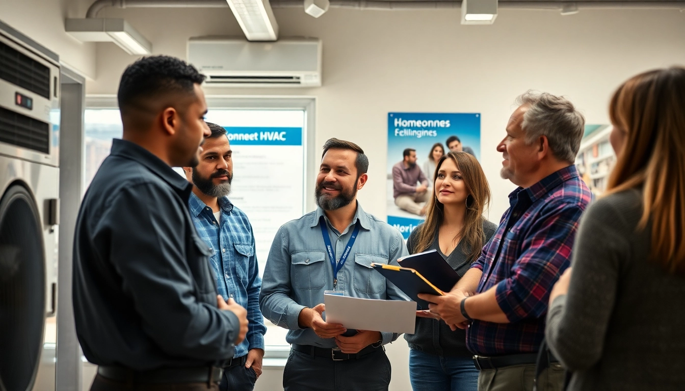 HVAC dealers assisting clients with heating and cooling solutions in a professional setting.