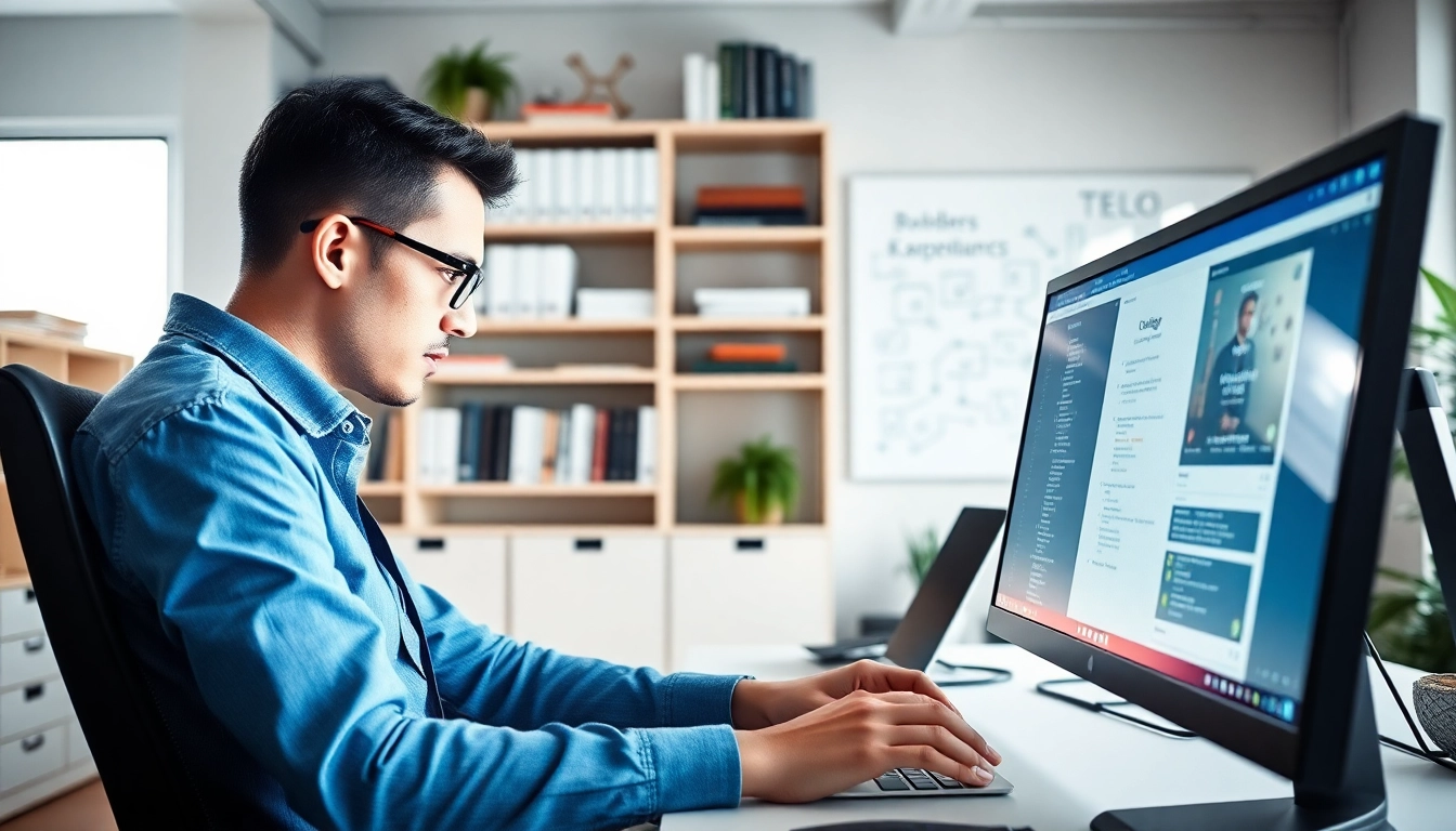 Pracující ecommerce developer v moderní kanceláři s technologií a kreativním designem.