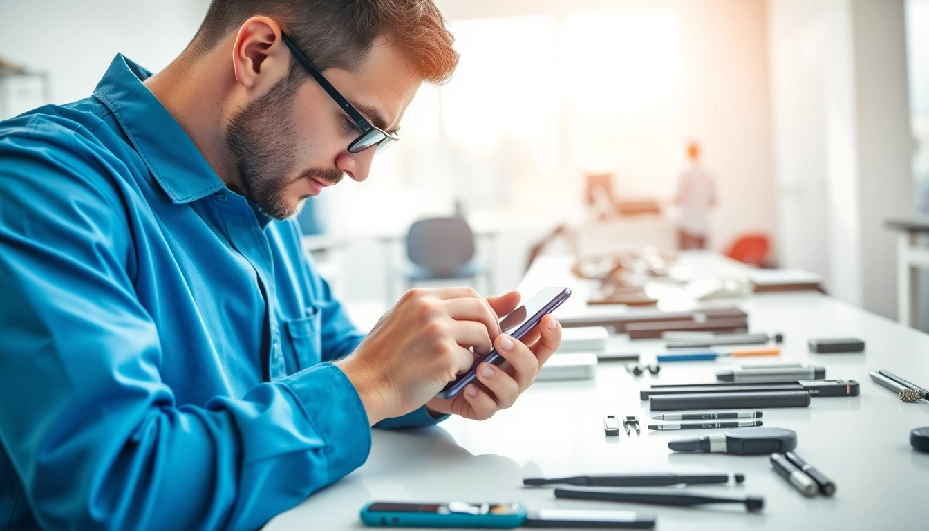 Riparazione cellulari torino: Tecnico specializzato che ripara smartphone in un'area moderna e luminosa.