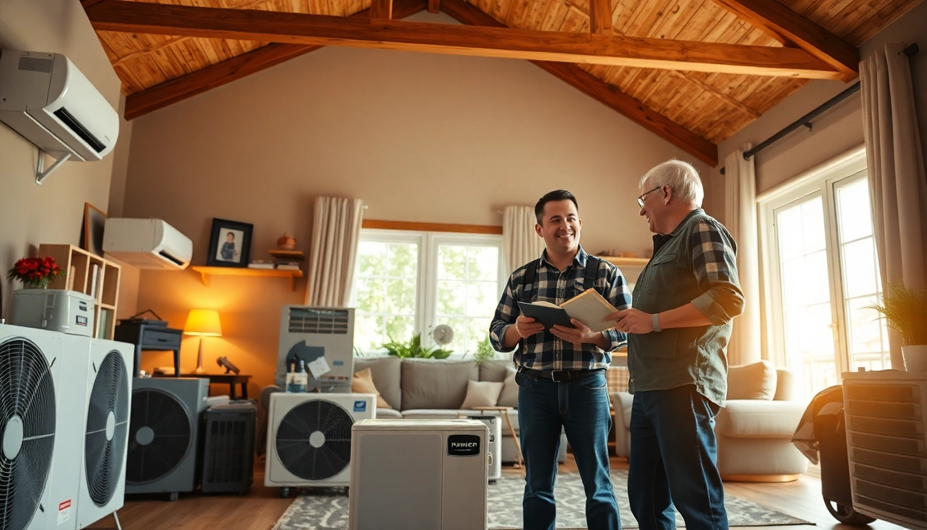HVAC dealers assisting clients in a well-lit home environment, highlighting efficiency.
