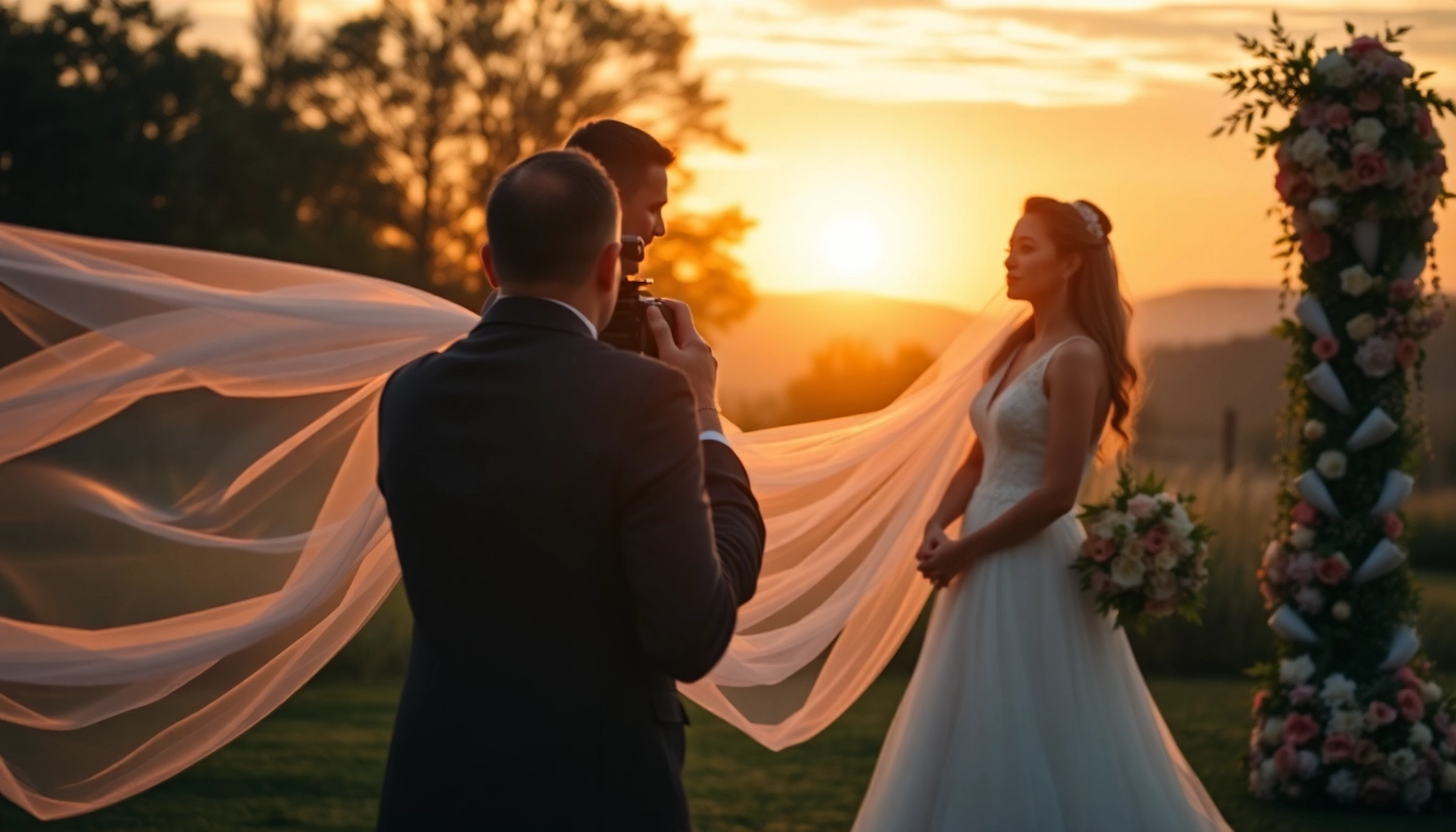 Wedding videographer in Ireland capturing a romantic outdoor couple's scene during sunset.