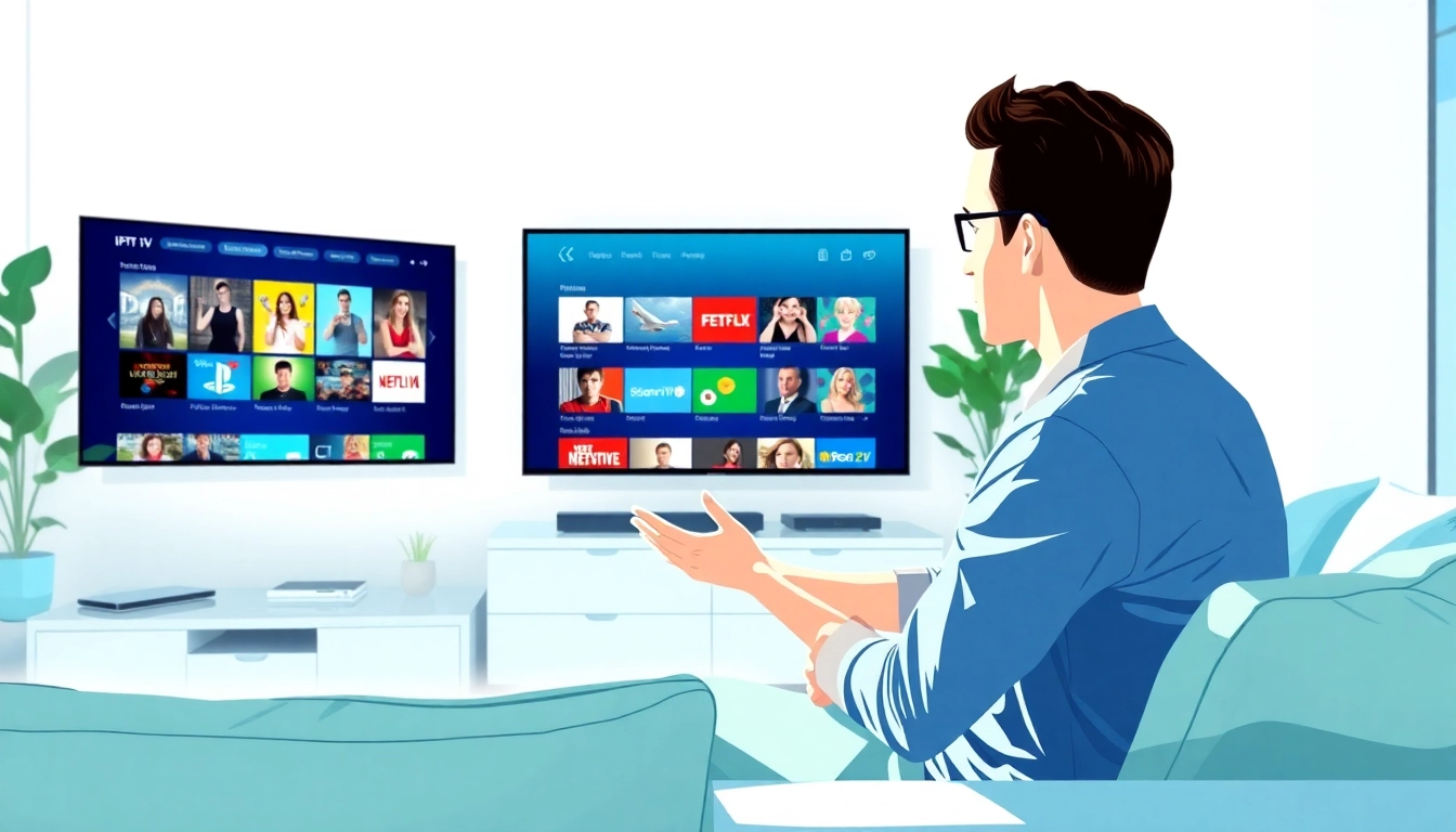 Engaging couple exploring IPTV purchase options on a smart TV in a cozy living room.