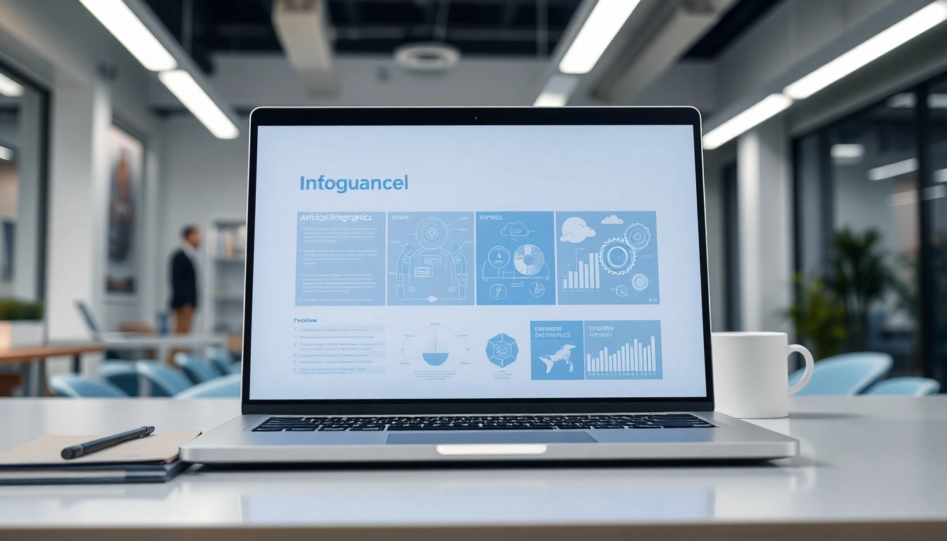 Creating an engaging ai presentation with a laptop displaying an infographic in a modern office setting.