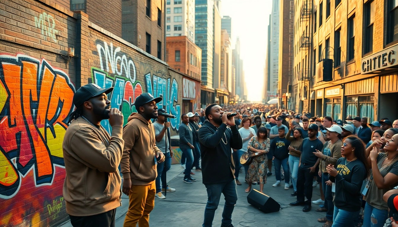 Energetic performance in the Chicago rap scene with vibrant graffiti and a diverse crowd.