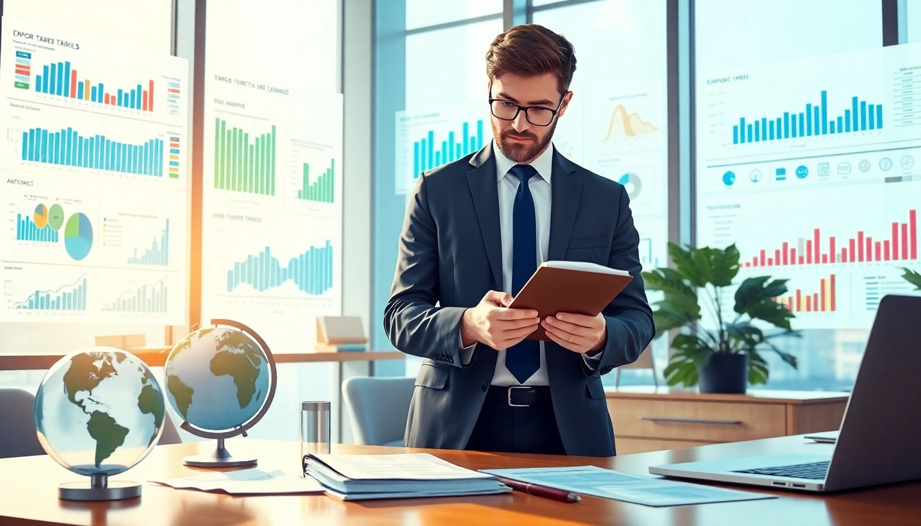 Analyze export tariffs through data visualization in a modern office.