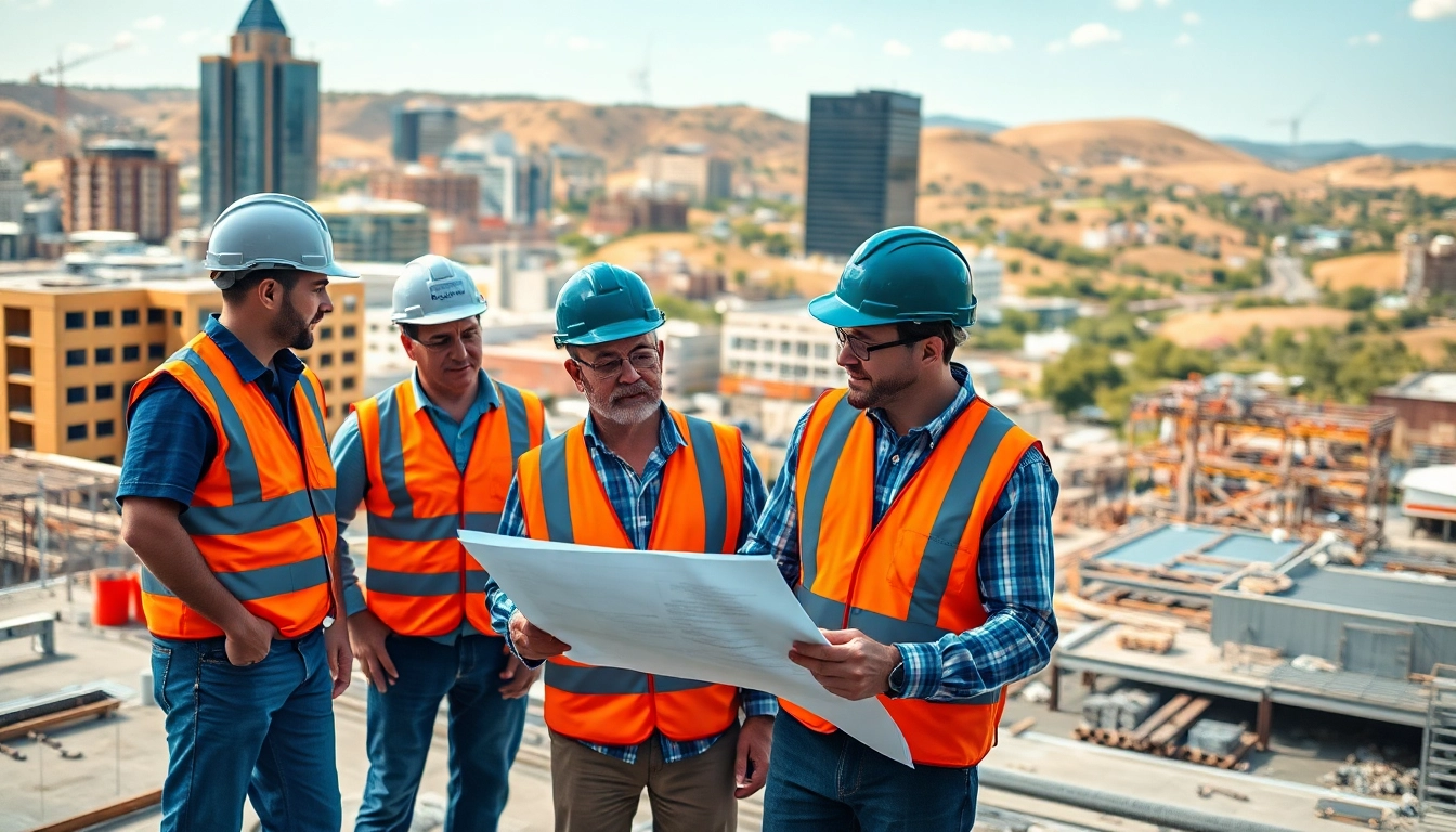 Austin construction workers collaborating on-site, showcasing teamwork and urban development.