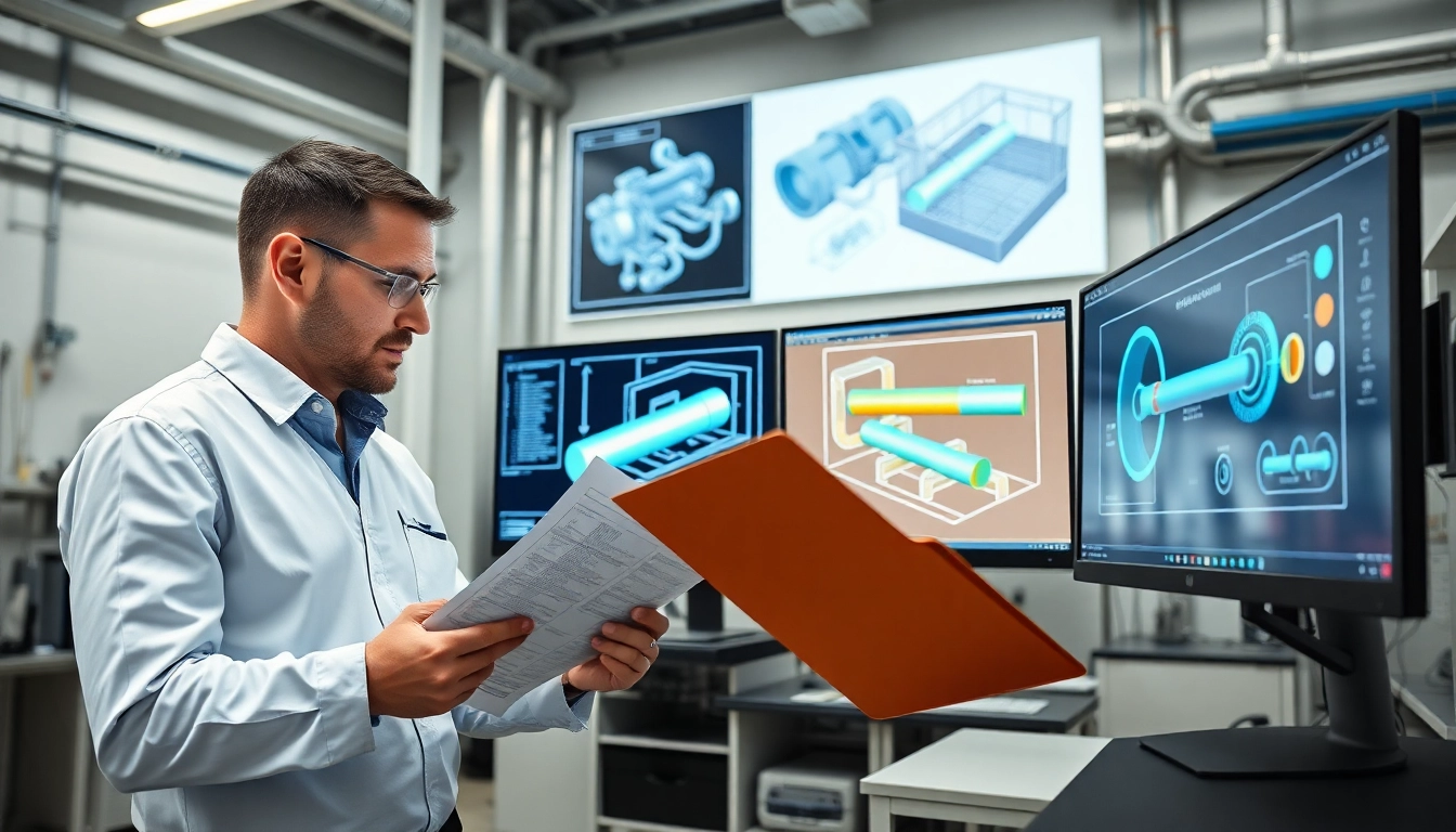 Engineers at a piping stress Analysis Company reviewing documents and models in a high-tech lab.