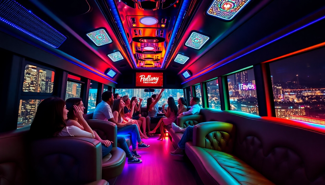 Enjoy lively celebrations in our party buses for rent, featuring a vibrant interior and stylish amenities.