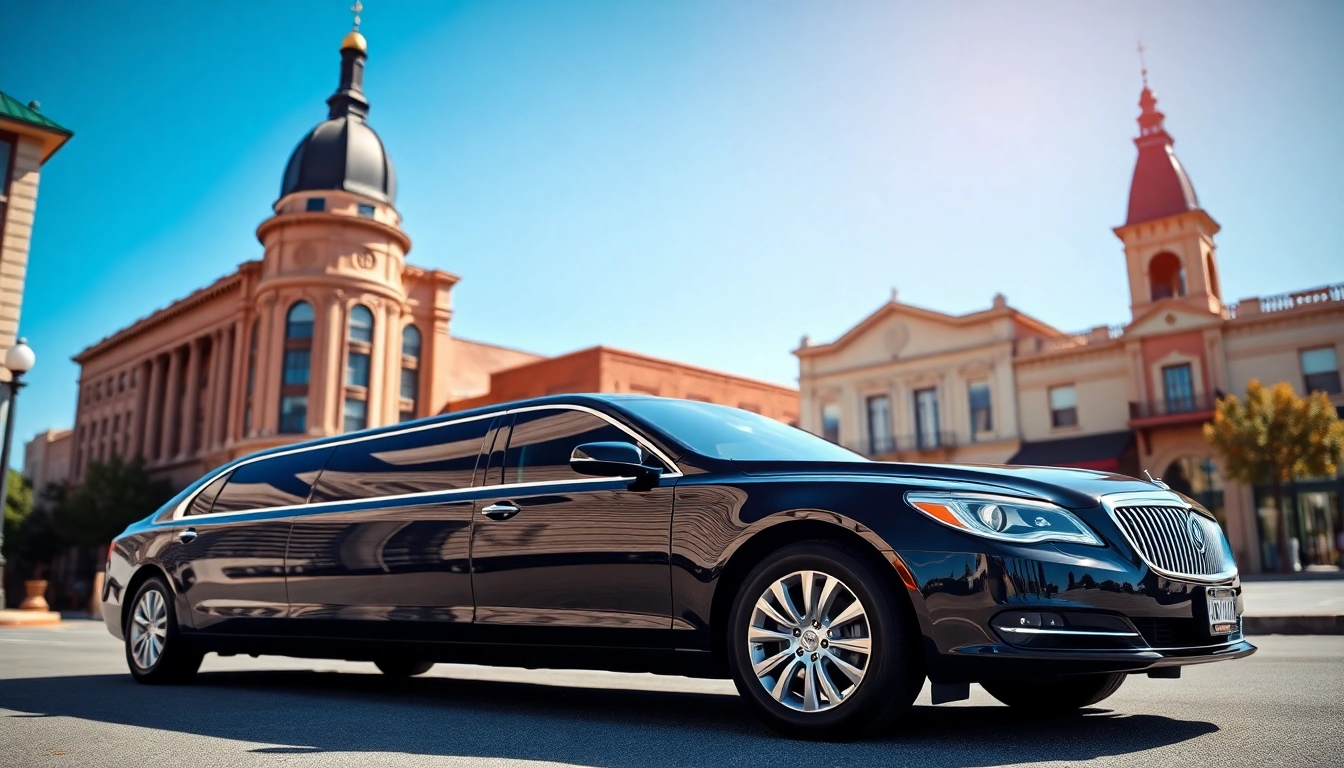Showcase of transportation services in Macon GA with a premium limousine in a vibrant downtown setting.