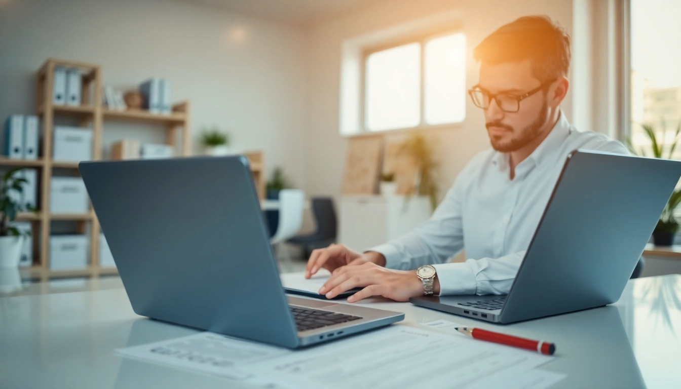 Initiating ejari cancellation steps with organized documents in a professional setting.