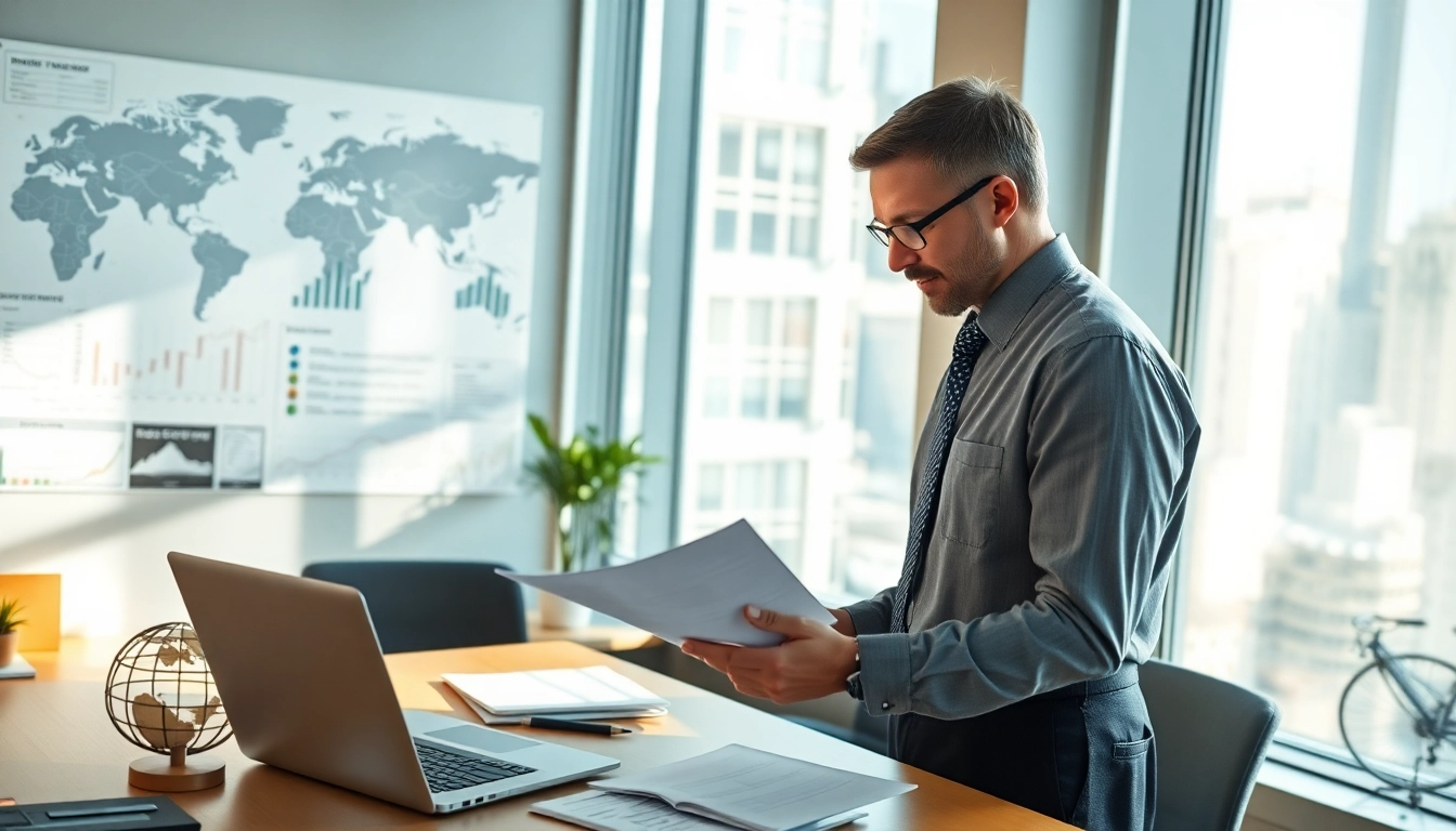 Economist examining trade tariffs data in a modern office, highlighting financial analysis.
