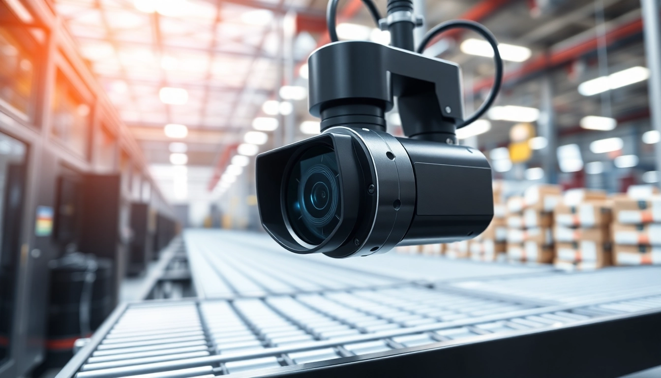 Machine vision system inspecting products on an assembly line in an industrial setting.