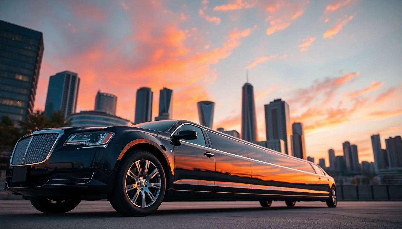 Experience elegance with our limousine rental in a sleek black stretch limo during sunset.