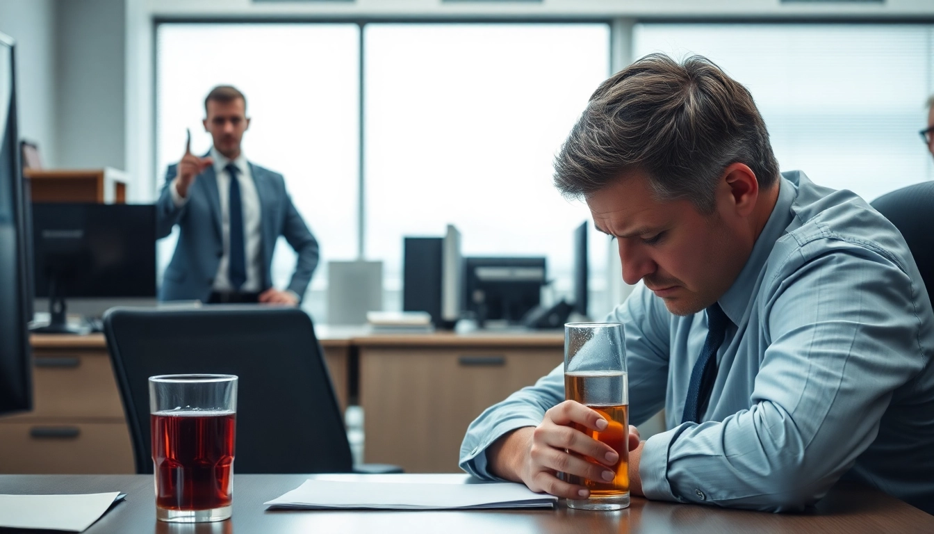 Addressing intoxication at work with a concerned coworker observing a visibly impaired employee.