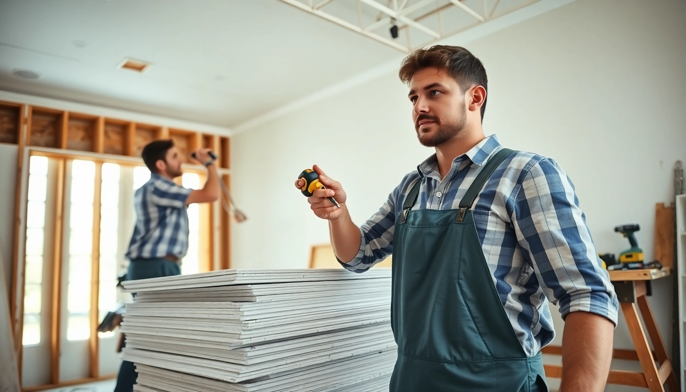 Expert drywall installation by a contractor using tools in a brightly lit room setting.