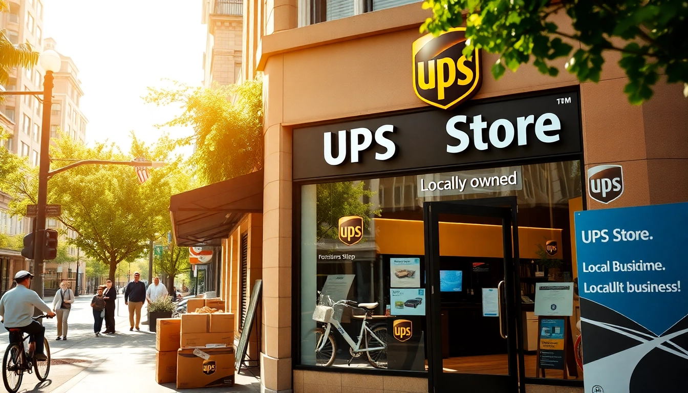 Showcasing a locally owned UPS Store, highlighting its inviting presence in a vibrant urban community.