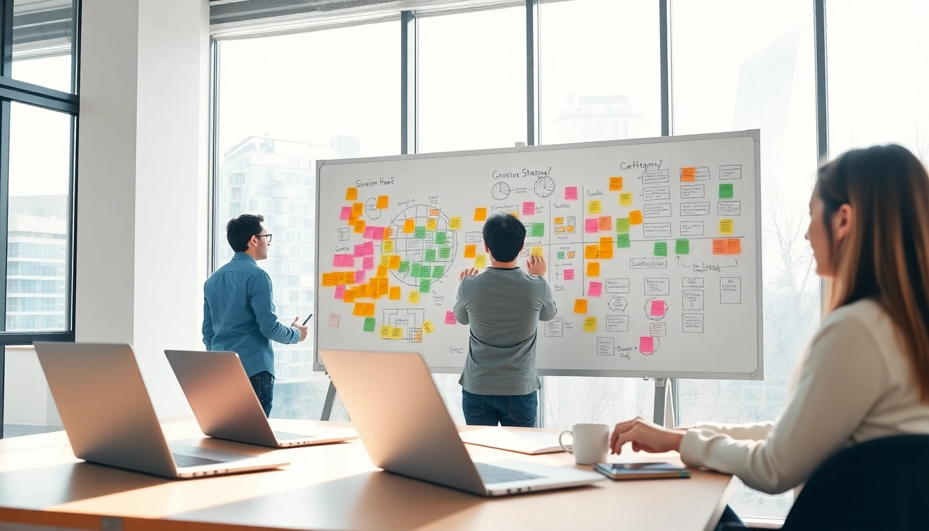 Businessgrowthhacker innovating in a bright office, showcasing brainstorming activities.