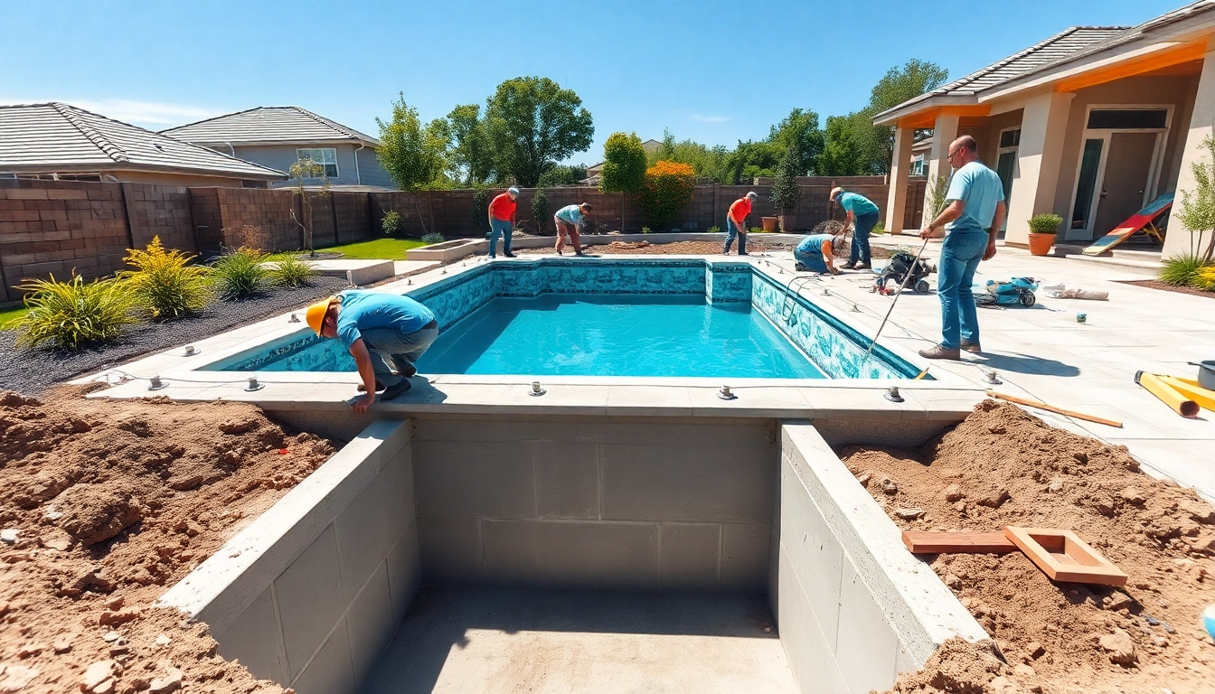 Showcasing pool construction process with builders framing an inground swimming pool design.