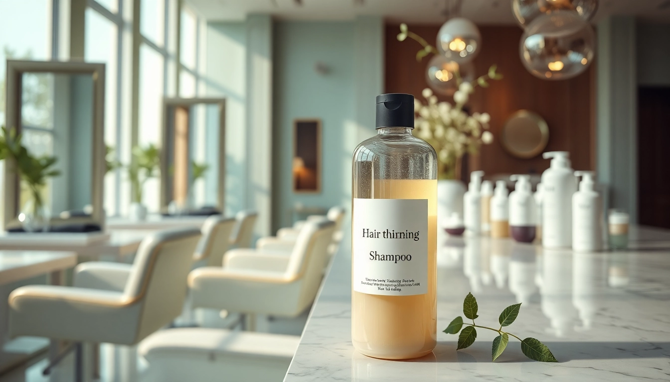 Revitalizing hair thinning shampoo showcased in a stylish salon environment.