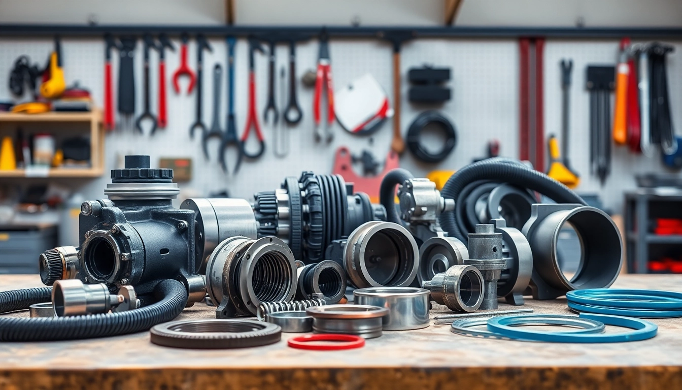 Showcase of concrete pump spare parts on a workbench, highlighting quality and diversity.