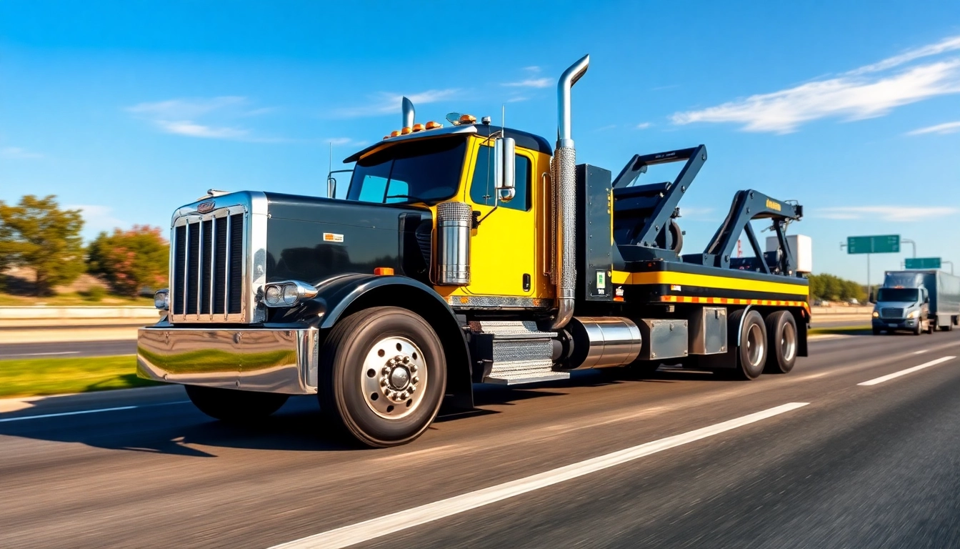 Affordable big rig towing company truck lifting another vehicle on a busy highway.