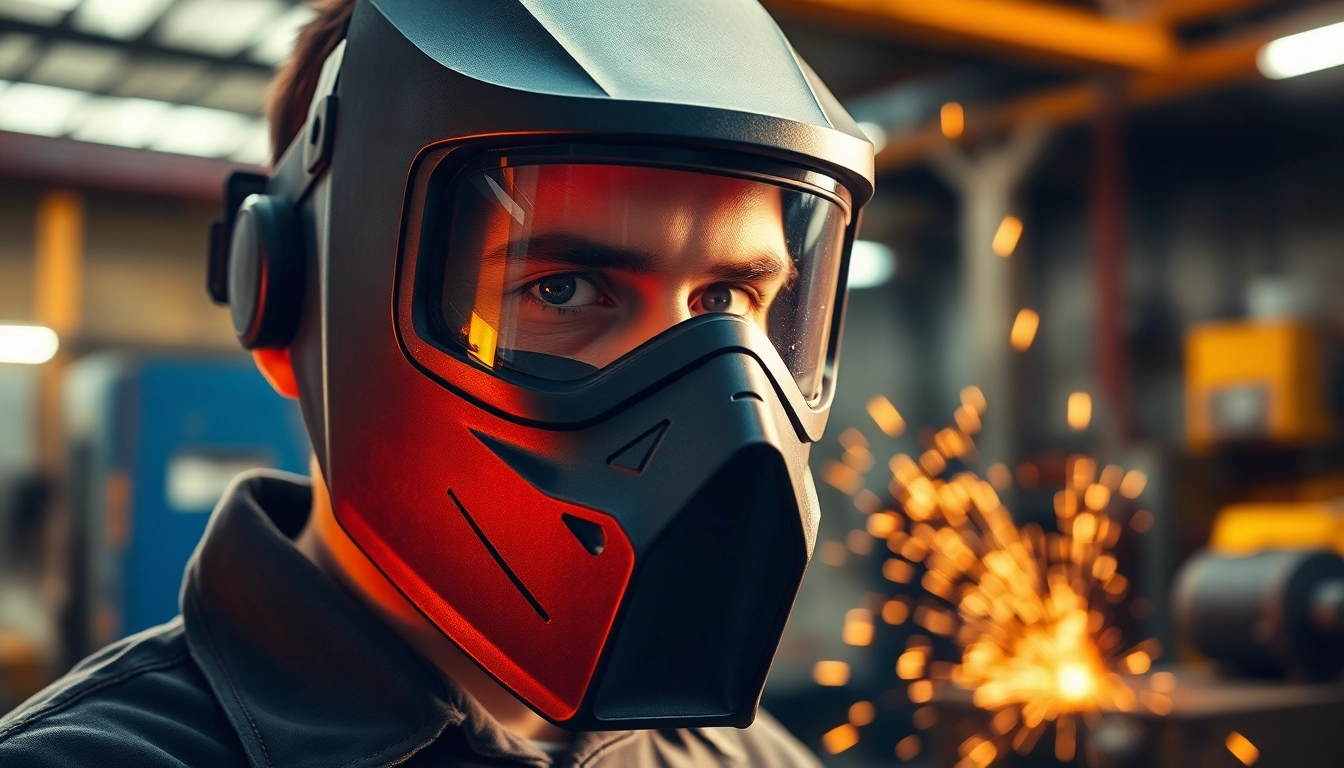 Welder focused on a welding mask while working in a workshop filled with sparks.