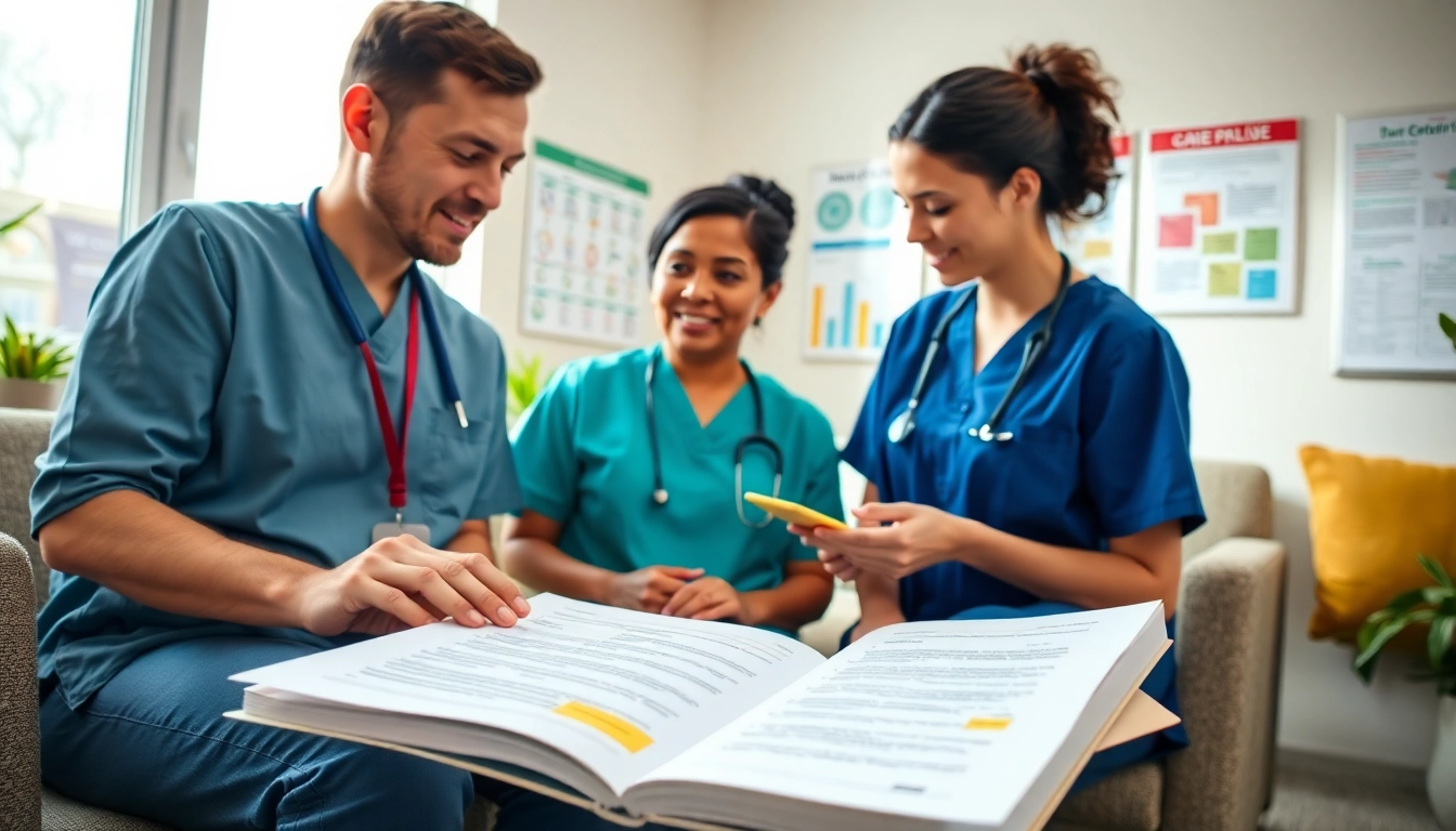 Engaging caregivers reviewing care certificate workbook answers collaboratively in a professional setting.