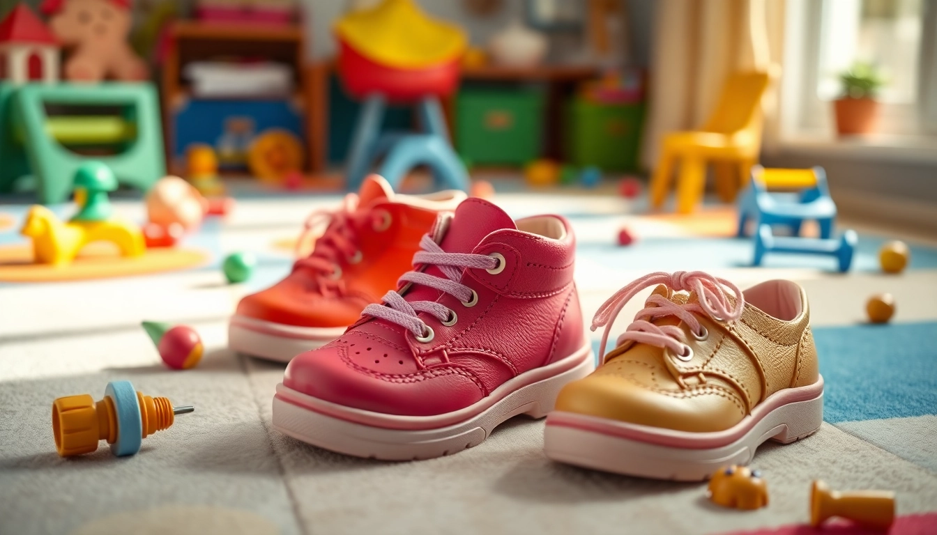 Orthopädische Kinderschuhe in einem fröhlichen Spielzimmer, die stilvolle Unterstützung für Kinderfüße bieten.