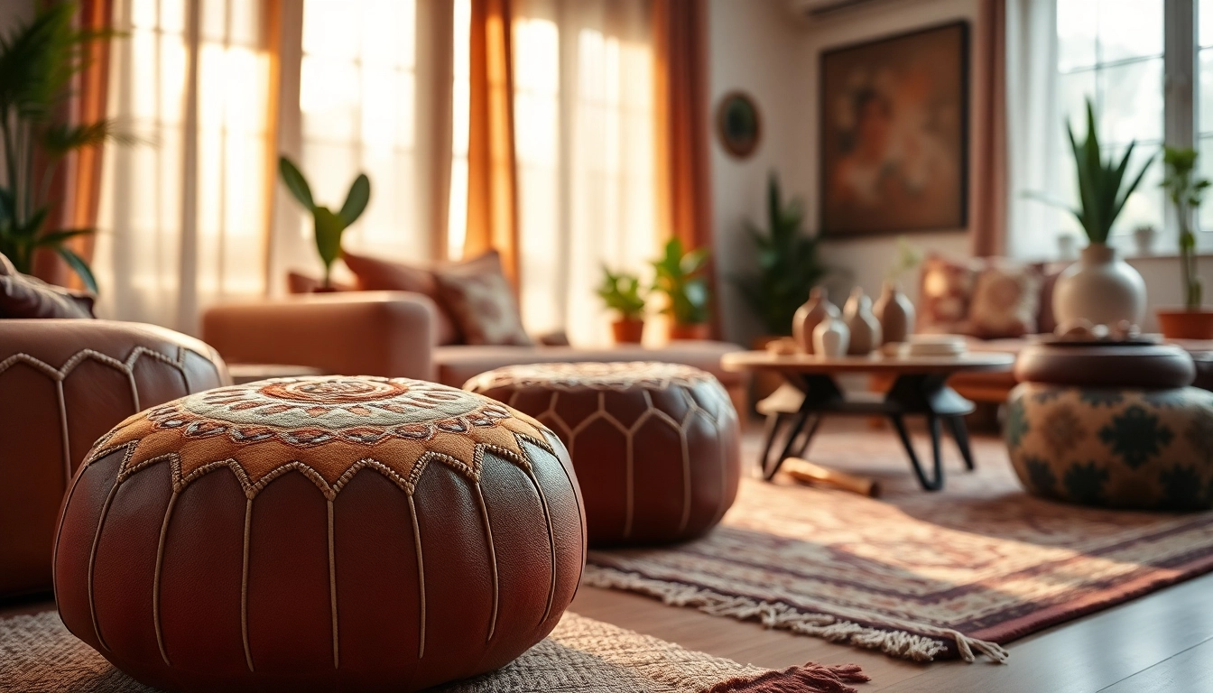 Stylish Moroccan Leather Poufs and Ottomans enhancing a bohemian living room.