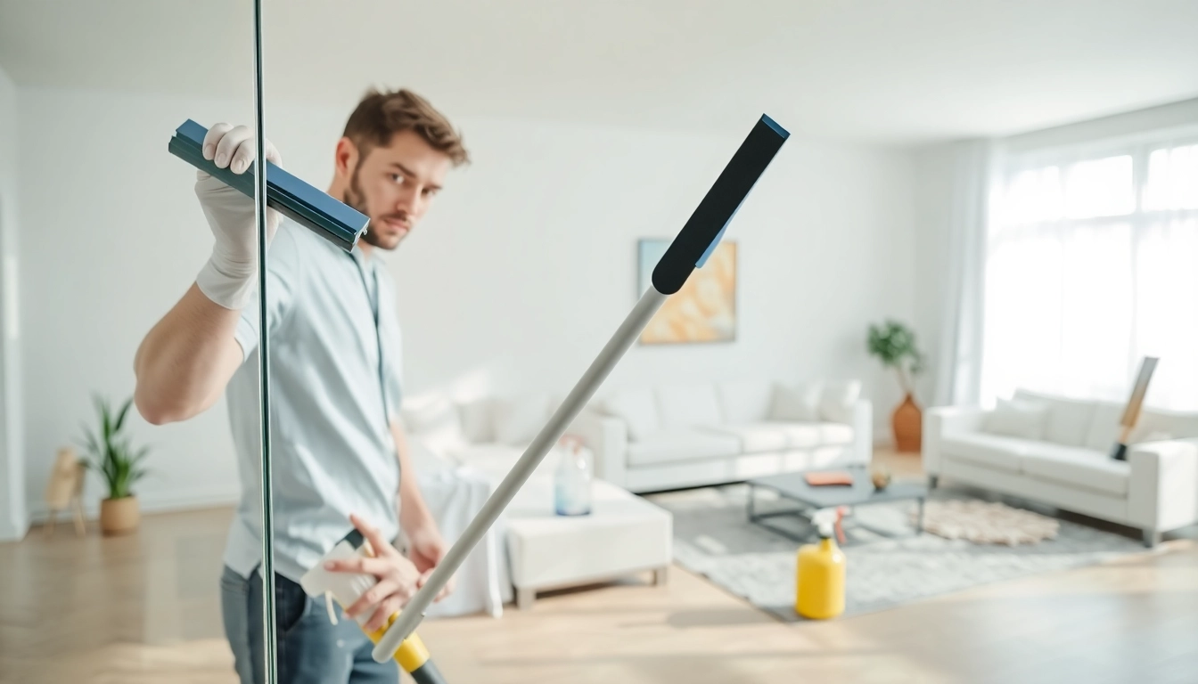 Bond cleaning in progress with a professional cleaner scrubbing windows in a bright room.