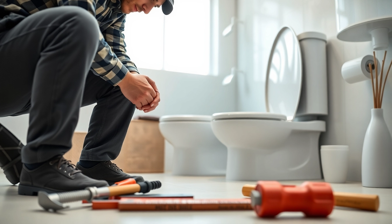 Installing Toilet Services with a professional plumber in a modern bathroom setting.