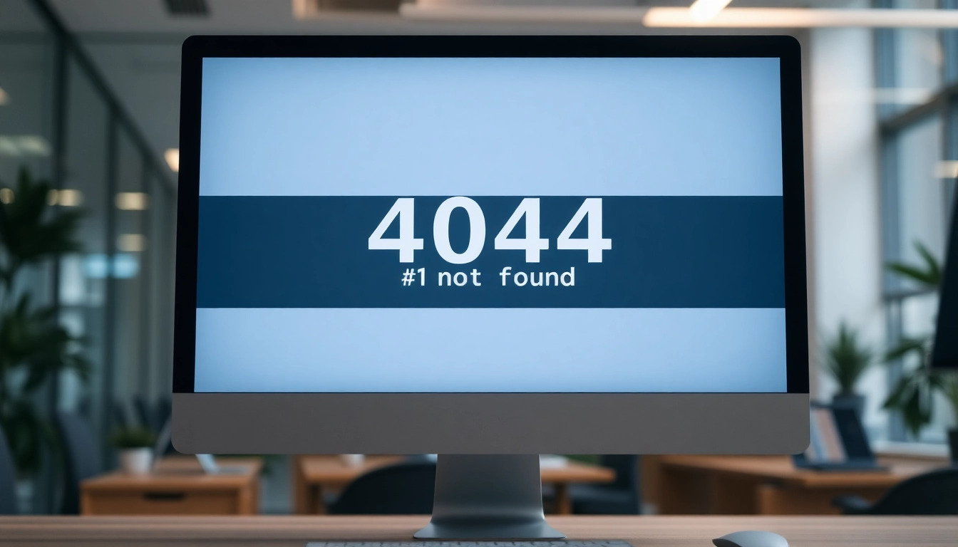 Illustrate a "404 Not Found" error display on a computer screen, featuring line電腦版下載 in a business workspace.