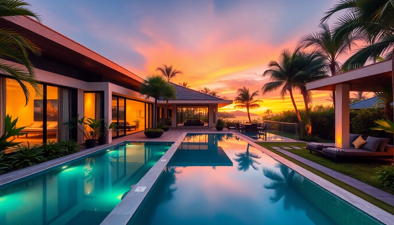 Explore stunning Phuket real estate through a vibrant aerial view of a luxury villa with a serene pool.