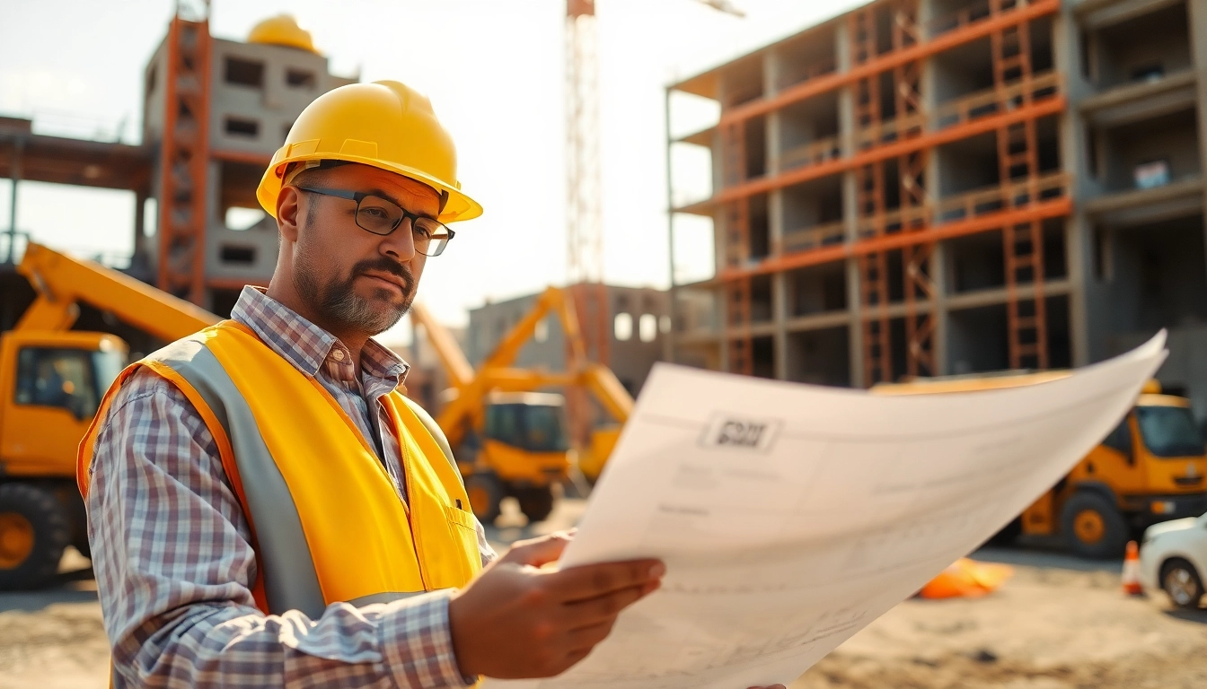 View of a construction manager examining nvq level 6 construction site management answers at a worksite.