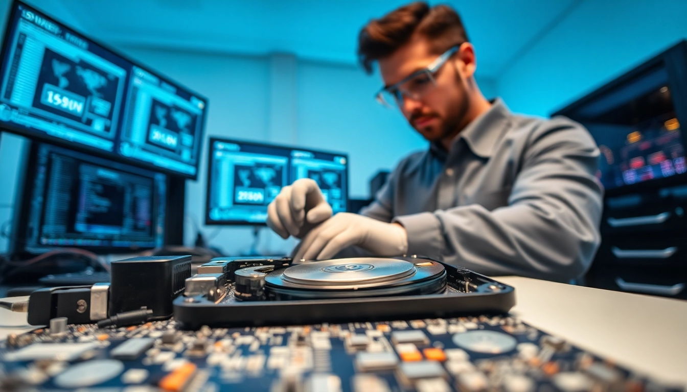 Datenrettung von Festplatte durch Fachmann in moderner Laborausstattung.
