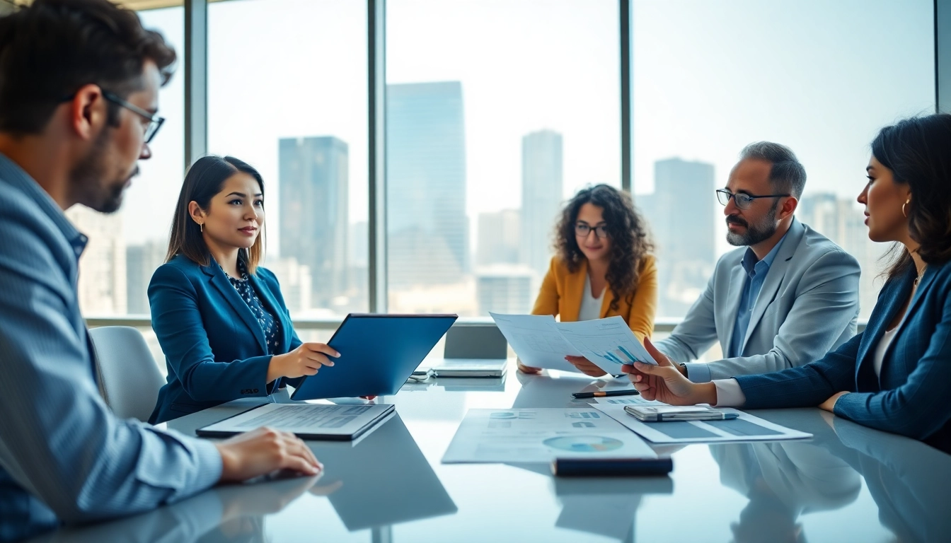Team collaborating on trademark registration strategies in a modern business environment.