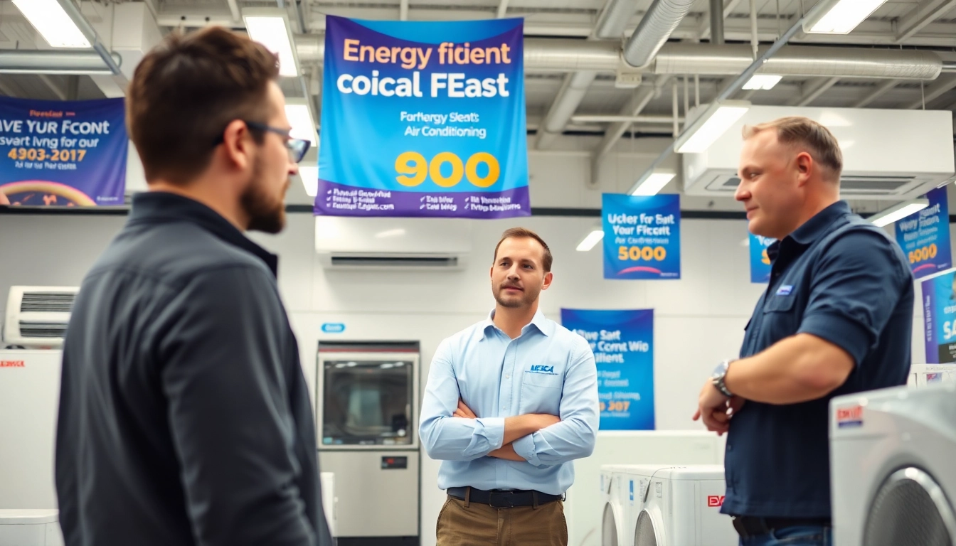 HVAC dealers assisting customers in a professional showroom filled with air conditioning options.