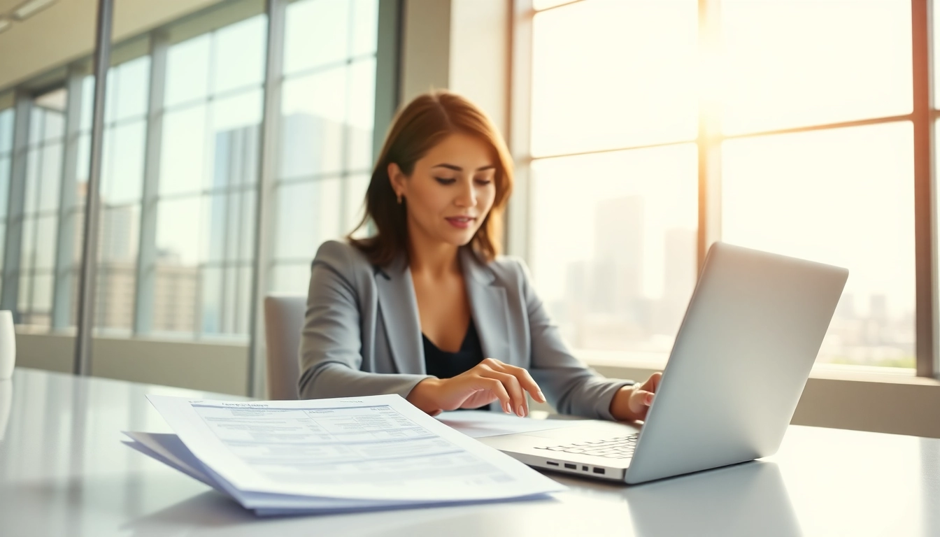 Assessing small business loans documents in a professional setting with urban views.