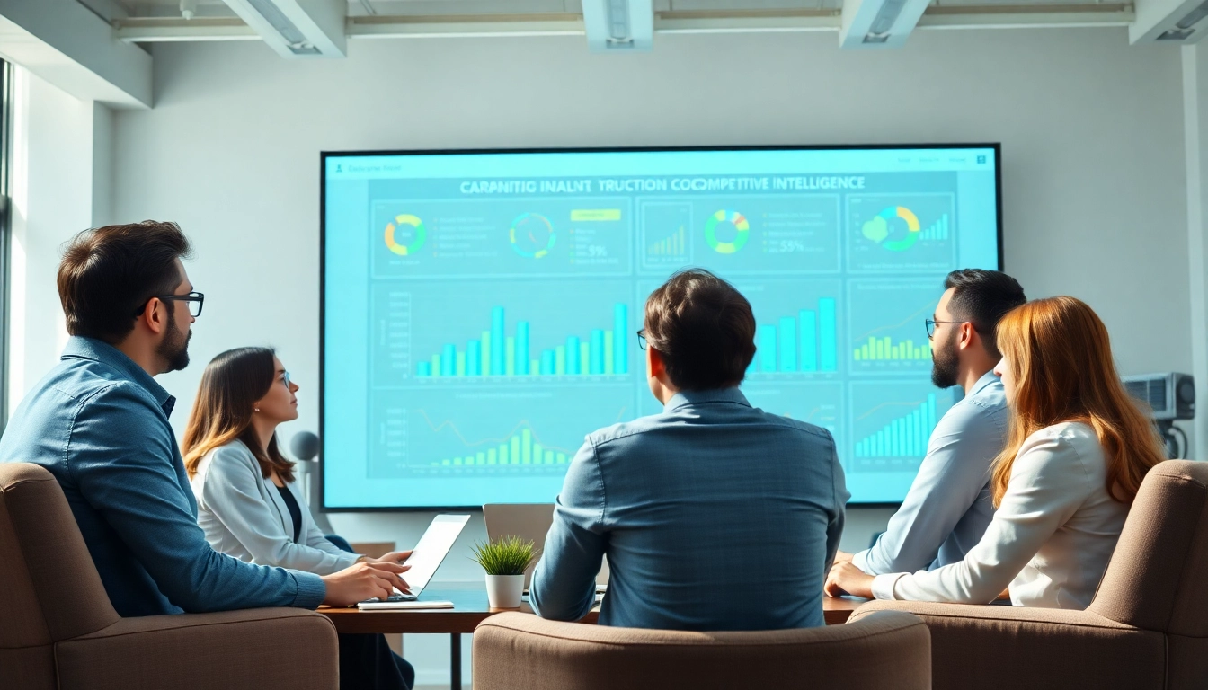 Team analyzing competitive intelligence data during a strategic meeting in a modern office.